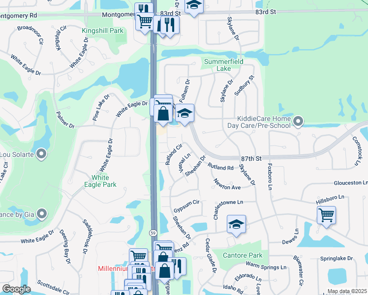 map of restaurants, bars, coffee shops, grocery stores, and more near 2844 Rutland Circle in Naperville
