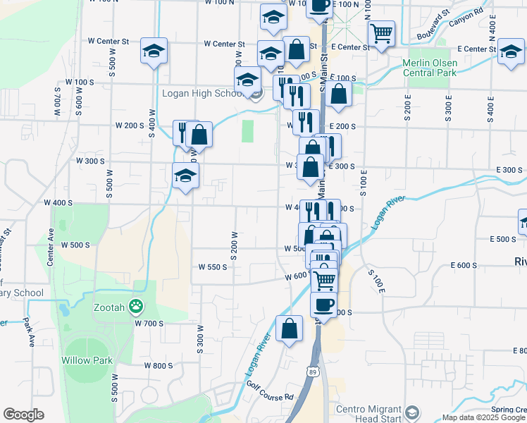 map of restaurants, bars, coffee shops, grocery stores, and more near 130 West 400 South in Logan