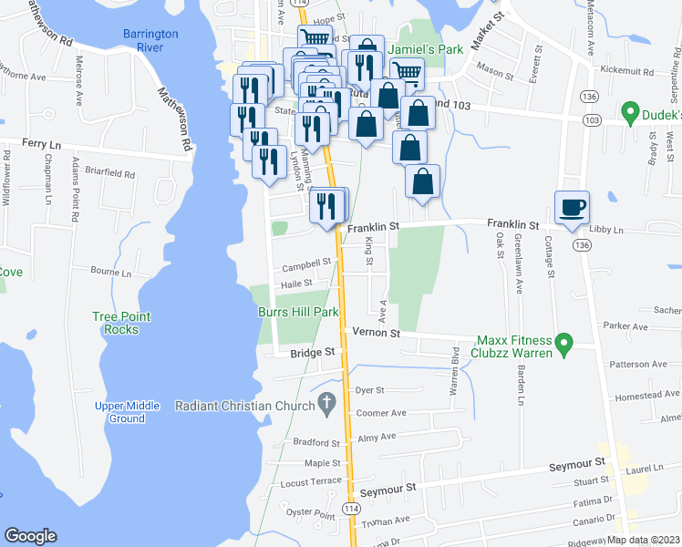 map of restaurants, bars, coffee shops, grocery stores, and more near Main Street in Warren