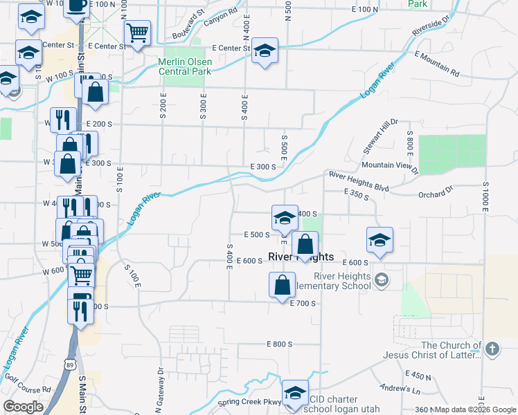 map of restaurants, bars, coffee shops, grocery stores, and more near 459 East 400 South in River Heights
