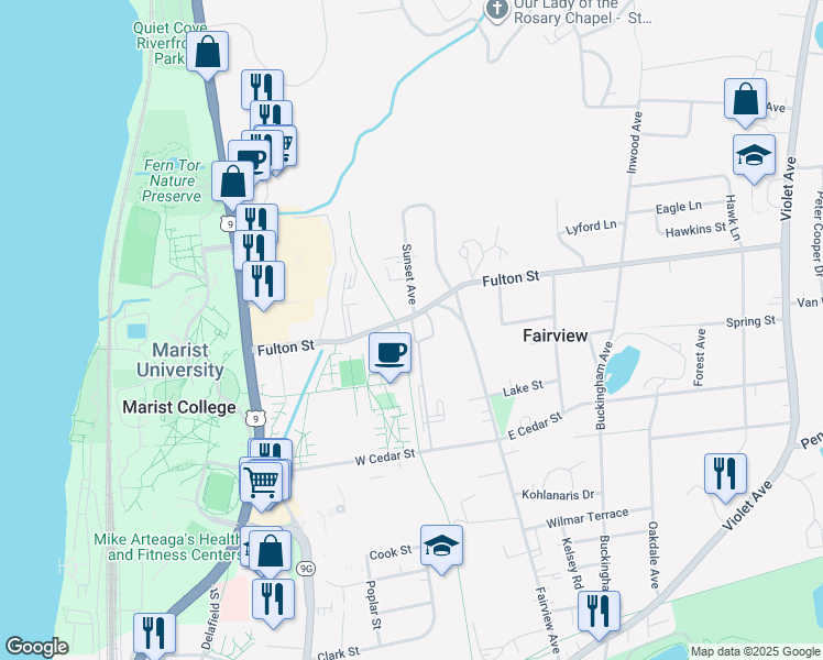 map of restaurants, bars, coffee shops, grocery stores, and more near 61 Fulton Street in Poughkeepsie