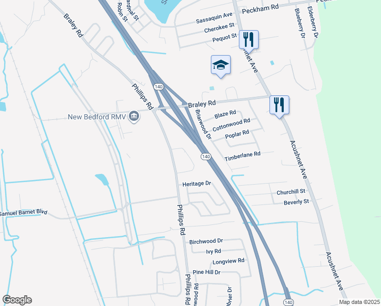 map of restaurants, bars, coffee shops, grocery stores, and more near 2100 Phillips Road in New Bedford