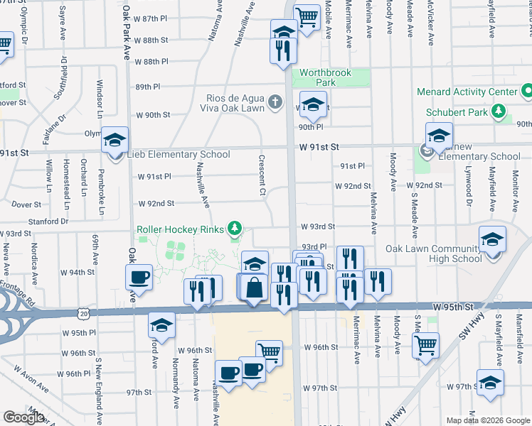 map of restaurants, bars, coffee shops, grocery stores, and more near 9236 Crescent Court in Oak Lawn