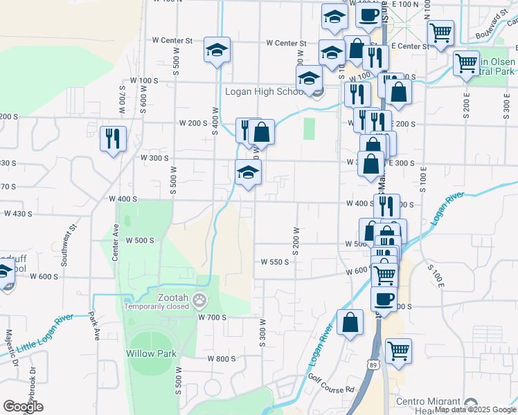 map of restaurants, bars, coffee shops, grocery stores, and more near 292 West 400 South in Logan