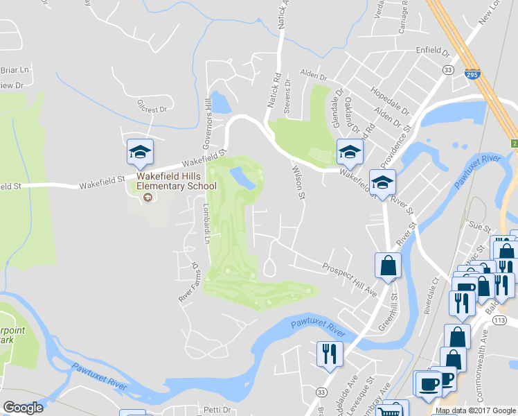 map of restaurants, bars, coffee shops, grocery stores, and more near 34 Lancelotta Street in West Warwick