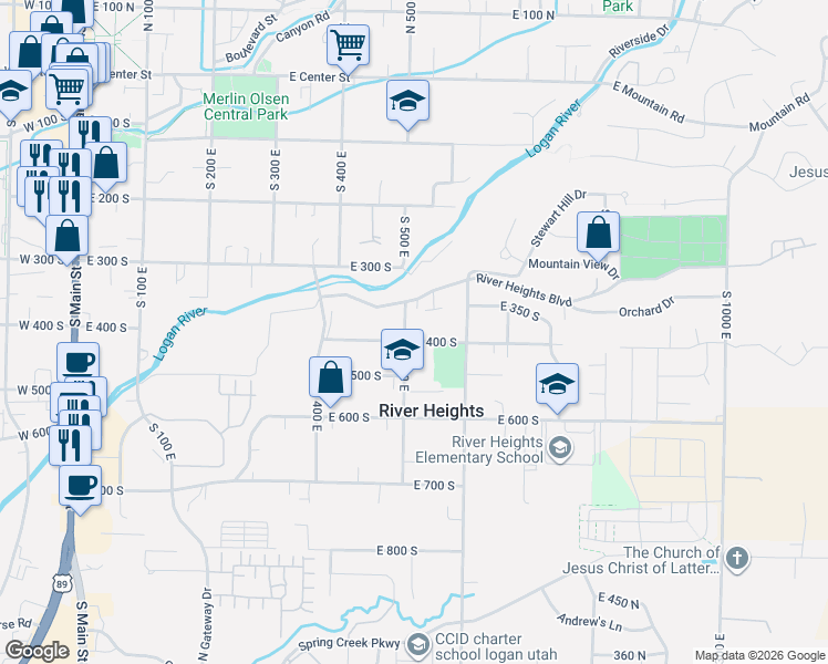 map of restaurants, bars, coffee shops, grocery stores, and more near 523 East 400 South in River Heights
