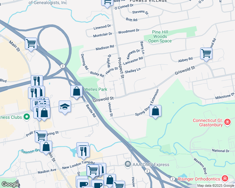 map of restaurants, bars, coffee shops, grocery stores, and more near 30 Salem Court in Glastonbury
