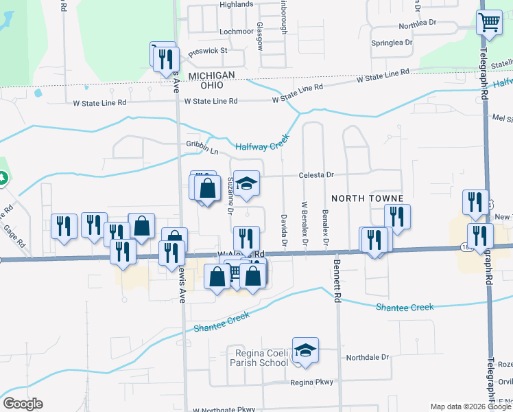 map of restaurants, bars, coffee shops, grocery stores, and more near 760 Northlawn Drive in Toledo