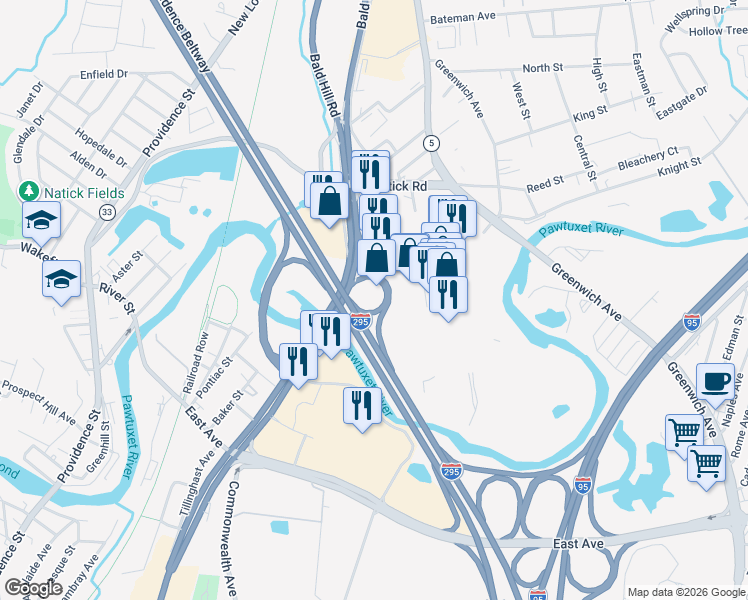 map of restaurants, bars, coffee shops, grocery stores, and more near 500 Bald Hill Road in Warwick