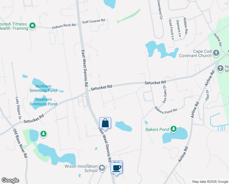 map of restaurants, bars, coffee shops, grocery stores, and more near 477 Setucket Road in Dennis