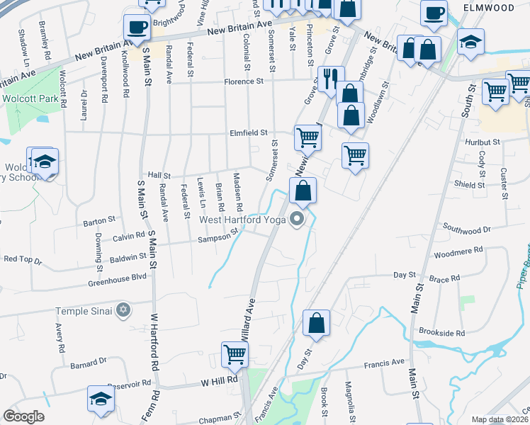 map of restaurants, bars, coffee shops, grocery stores, and more near 220 Somerset Street in West Hartford