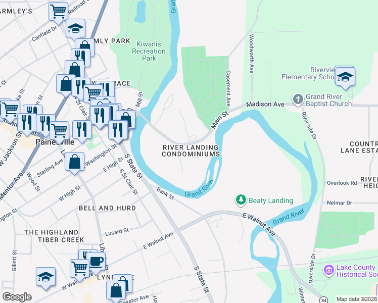 map of restaurants, bars, coffee shops, grocery stores, and more near 160 Steele Avenue in Painesville