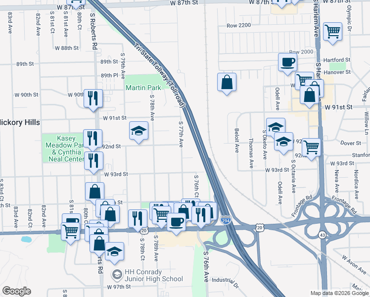 map of restaurants, bars, coffee shops, grocery stores, and more near 9207 South 77th Avenue in Hickory Hills