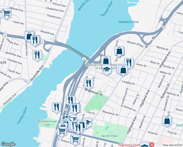 map of restaurants, bars, coffee shops, grocery stores, and more near 82 Wellington Street in Fall River