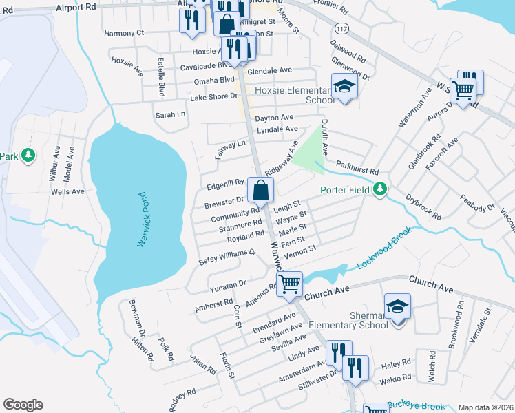 map of restaurants, bars, coffee shops, grocery stores, and more near 20 Brewster Drive in Warwick