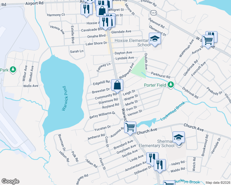map of restaurants, bars, coffee shops, grocery stores, and more near 20 Brewster Drive in Warwick