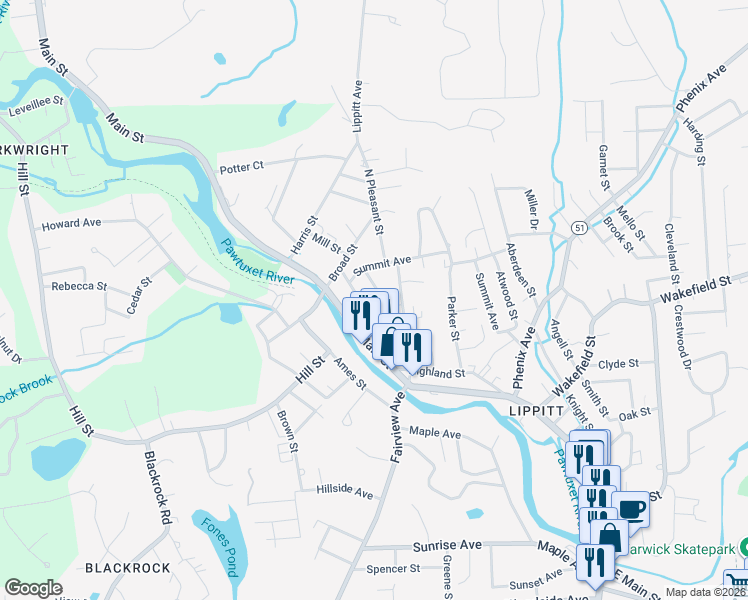map of restaurants, bars, coffee shops, grocery stores, and more near 20 Urquhart Street in West Warwick
