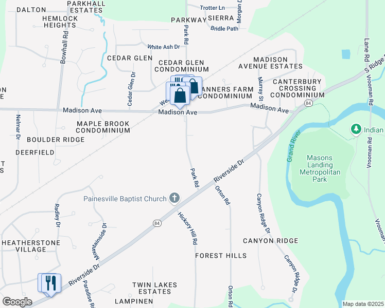 map of restaurants, bars, coffee shops, grocery stores, and more near 85 Park Road in Painesville