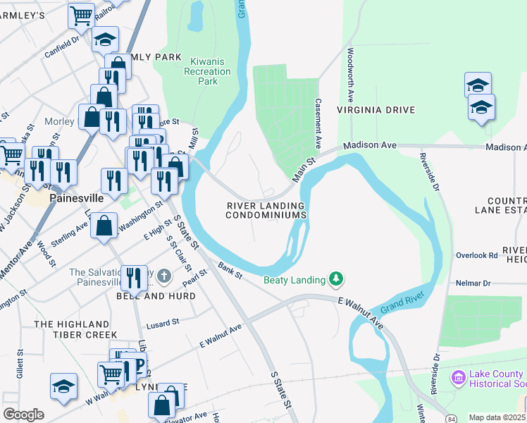 map of restaurants, bars, coffee shops, grocery stores, and more near 154 Steele Avenue in Painesville