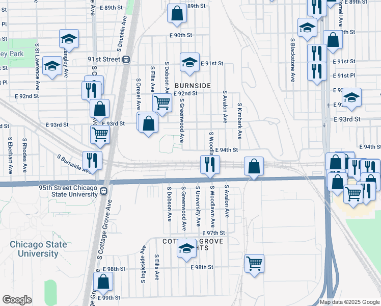 map of restaurants, bars, coffee shops, grocery stores, and more near 1101 East 94th Street in Chicago