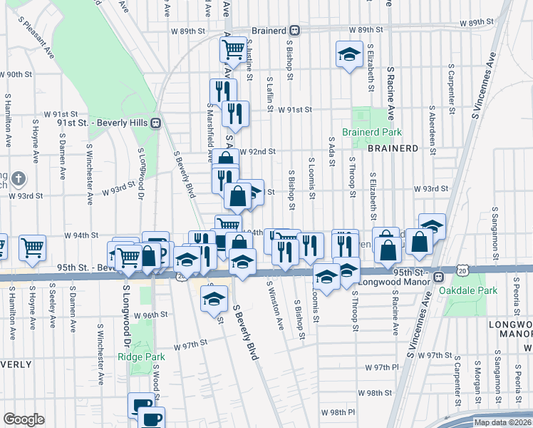 map of restaurants, bars, coffee shops, grocery stores, and more near 9329 South Laflin Street in Chicago