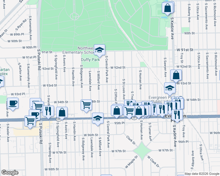 map of restaurants, bars, coffee shops, grocery stores, and more near 9300 South Clifton Park Avenue in Evergreen Park