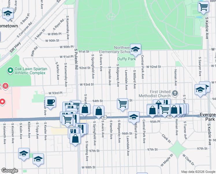 map of restaurants, bars, coffee shops, grocery stores, and more near 9304 South Hamlin Avenue in Evergreen Park