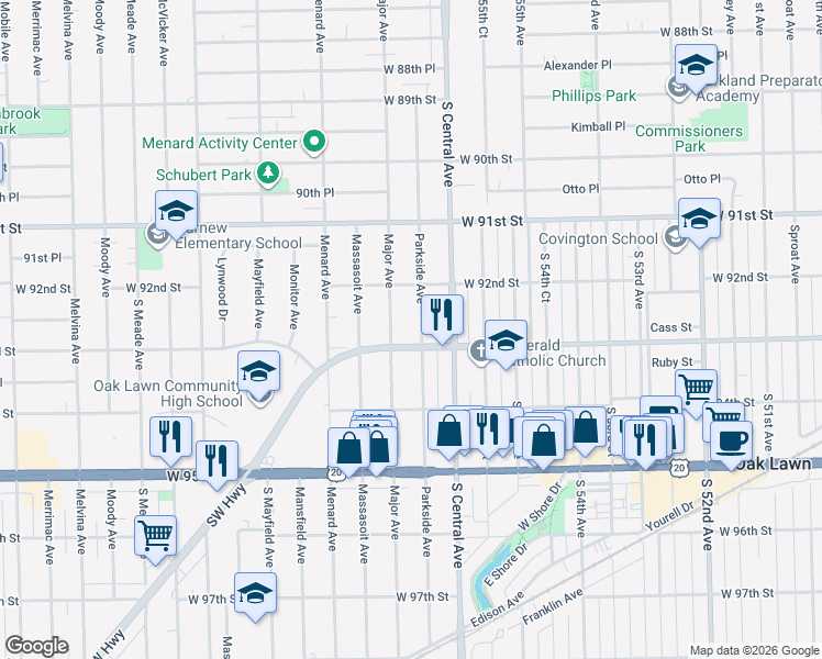 map of restaurants, bars, coffee shops, grocery stores, and more near 9232 Parkside Avenue in Oak Lawn