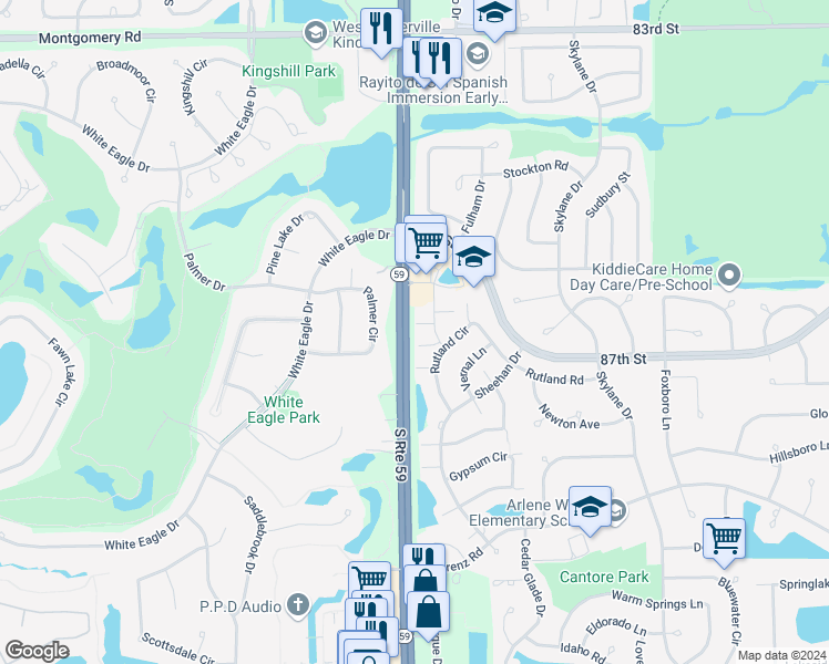 map of restaurants, bars, coffee shops, grocery stores, and more near 129 Illinois Route 59 in Naperville