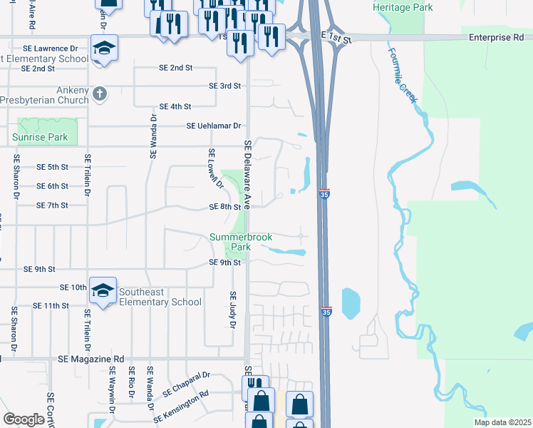 map of restaurants, bars, coffee shops, grocery stores, and more near 1124 Southeast Mill Pond Court in Ankeny