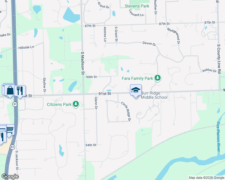 map of restaurants, bars, coffee shops, grocery stores, and more near 4 Turnberry Court in Burr Ridge