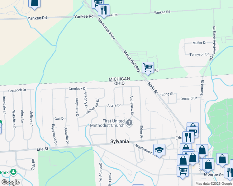 map of restaurants, bars, coffee shops, grocery stores, and more near 6046 Brainard Dr in Sylvania