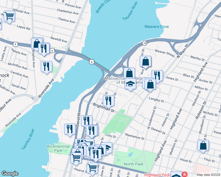 map of restaurants, bars, coffee shops, grocery stores, and more near 82 Wellington Street in Fall River