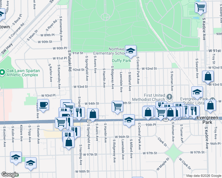 map of restaurants, bars, coffee shops, grocery stores, and more near 9304 South Ridgeway Avenue in Evergreen Park