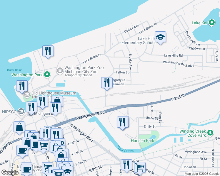 map of restaurants, bars, coffee shops, grocery stores, and more near 116 Mulligan Street in Michigan City