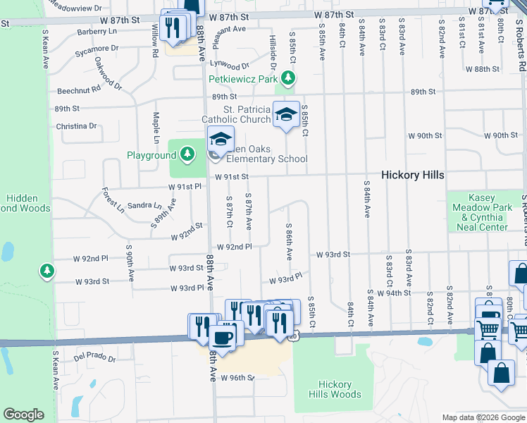 map of restaurants, bars, coffee shops, grocery stores, and more near 9150 86th Court in Hickory Hills