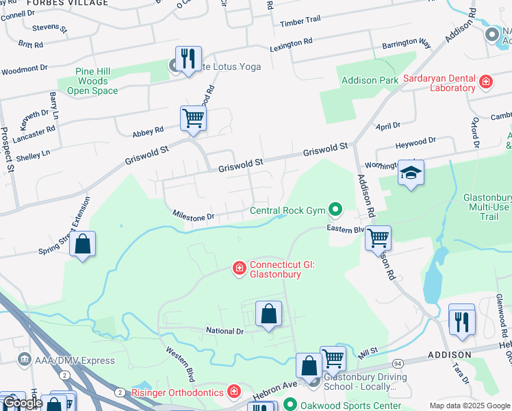 map of restaurants, bars, coffee shops, grocery stores, and more near 2 Holly Lane in Glastonbury
