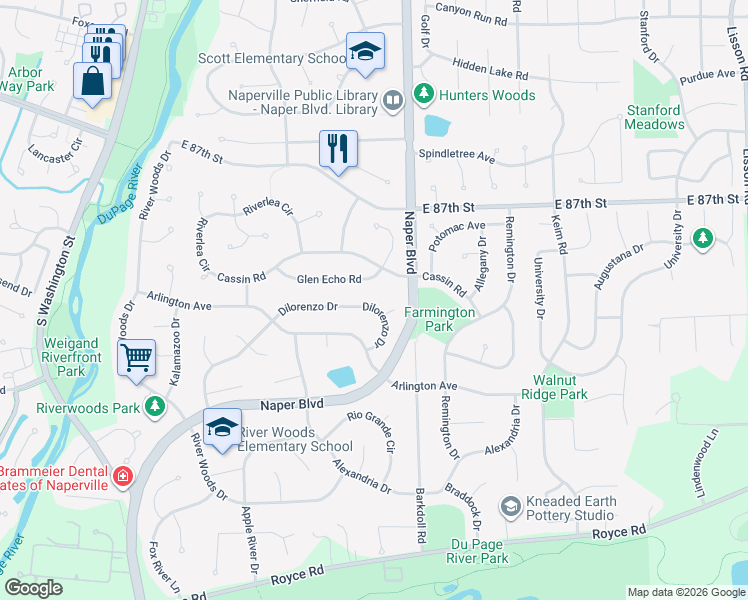map of restaurants, bars, coffee shops, grocery stores, and more near 523 Dilorenzo Drive in Naperville