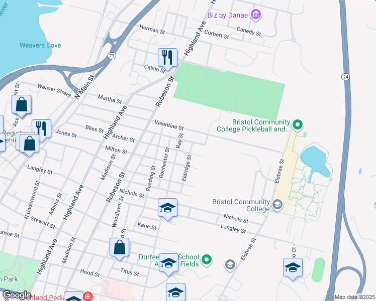 map of restaurants, bars, coffee shops, grocery stores, and more near 380 Archer Street in Fall River