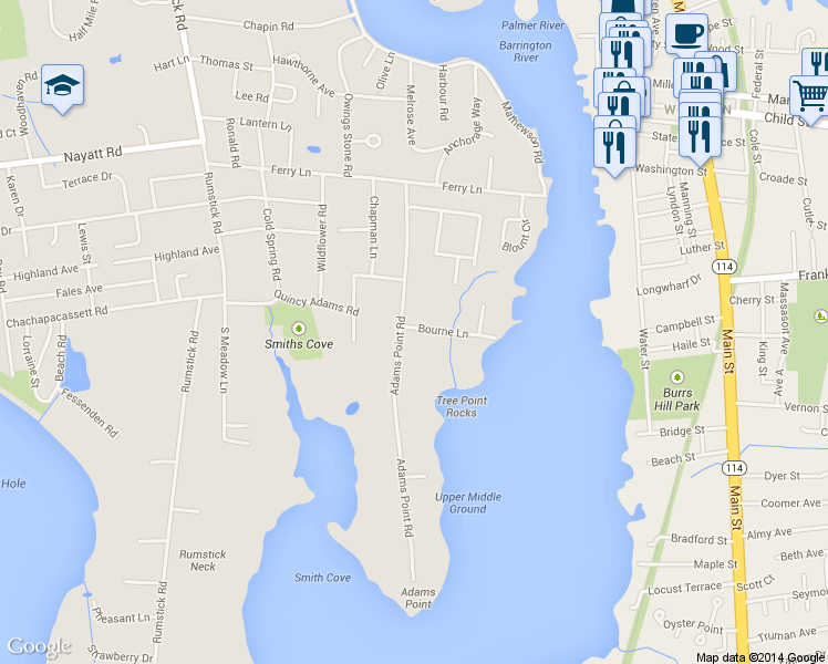 map of restaurants, bars, coffee shops, grocery stores, and more near 7 Bourne Ln in Barrington