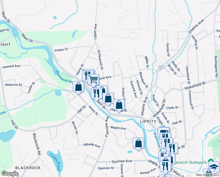 map of restaurants, bars, coffee shops, grocery stores, and more near 43 Pleasant St in West Warwick