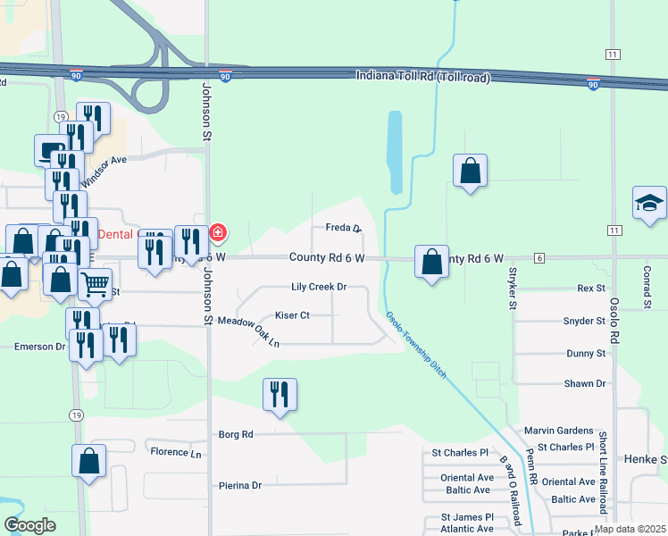 map of restaurants, bars, coffee shops, grocery stores, and more near 25686 County Road 6 in Elkhart