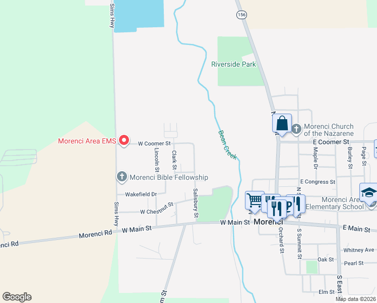 map of restaurants, bars, coffee shops, grocery stores, and more near 344 Salisbury Street in Morenci