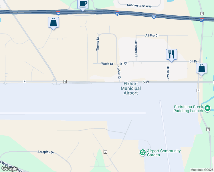 map of restaurants, bars, coffee shops, grocery stores, and more near 1321 County Road 6 in Elkhart