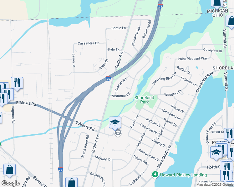 map of restaurants, bars, coffee shops, grocery stores, and more near 5806 Viramar Rd in Toledo