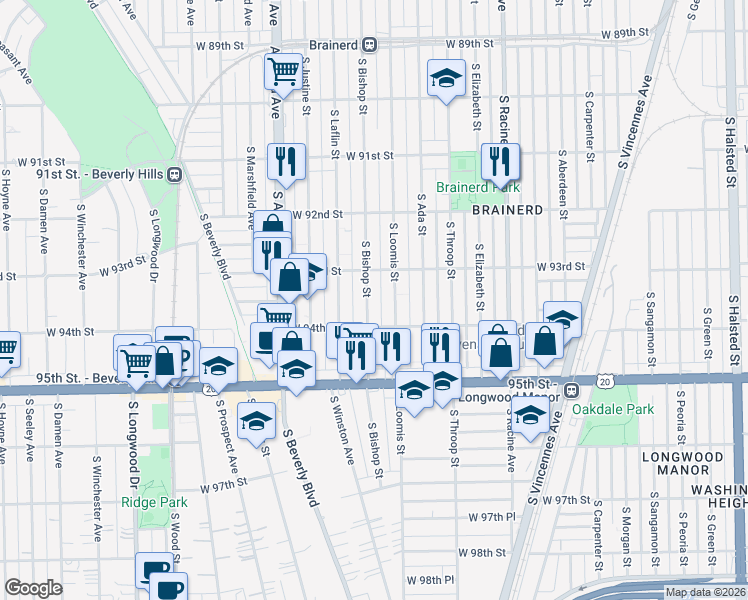 map of restaurants, bars, coffee shops, grocery stores, and more near 9331 South Bishop Street in Chicago