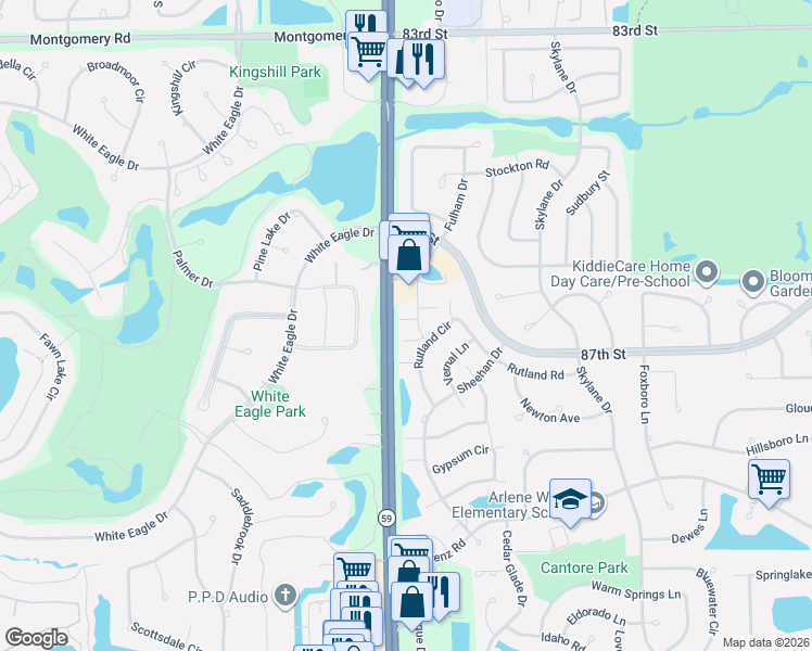 map of restaurants, bars, coffee shops, grocery stores, and more near 129 Illinois Route 59 in Naperville