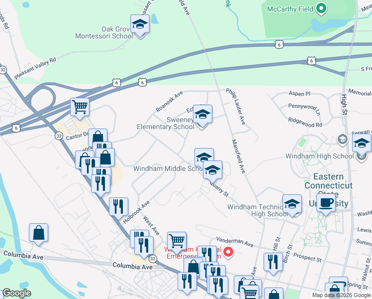 map of restaurants, bars, coffee shops, grocery stores, and more near 140 Oak Hill Drive in Windham