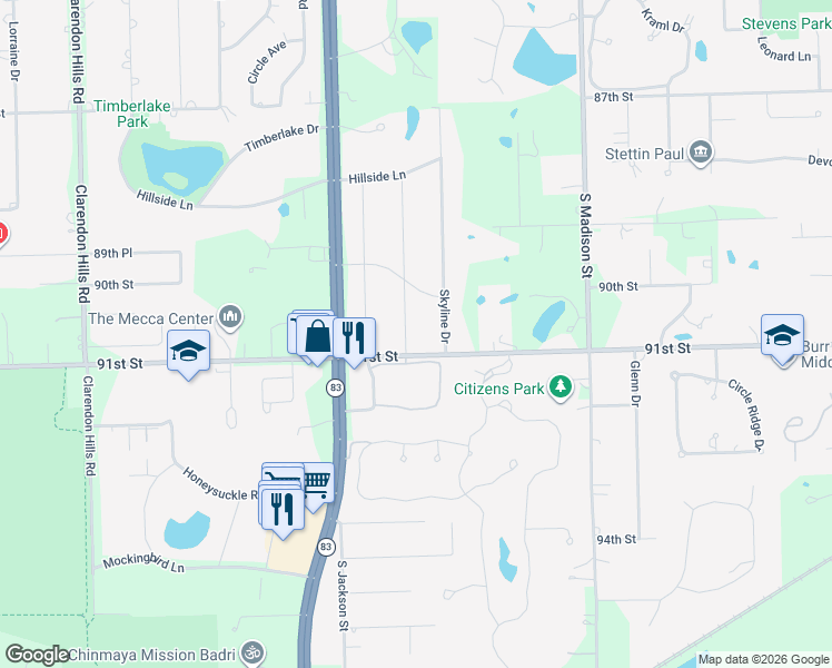 map of restaurants, bars, coffee shops, grocery stores, and more near 10S357 Palisades Road in Burr Ridge