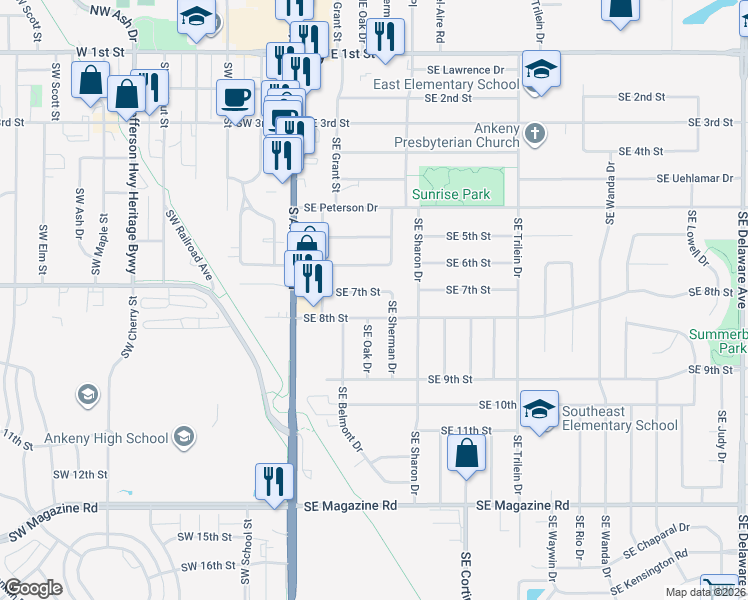 map of restaurants, bars, coffee shops, grocery stores, and more near 309 SE 7th St in Ankeny